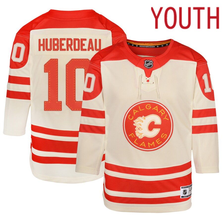 Youth Calgary Flames 10 Jonathan Huberdeau Cream 2023 NHL Heritage Classic Premier Player Jersey